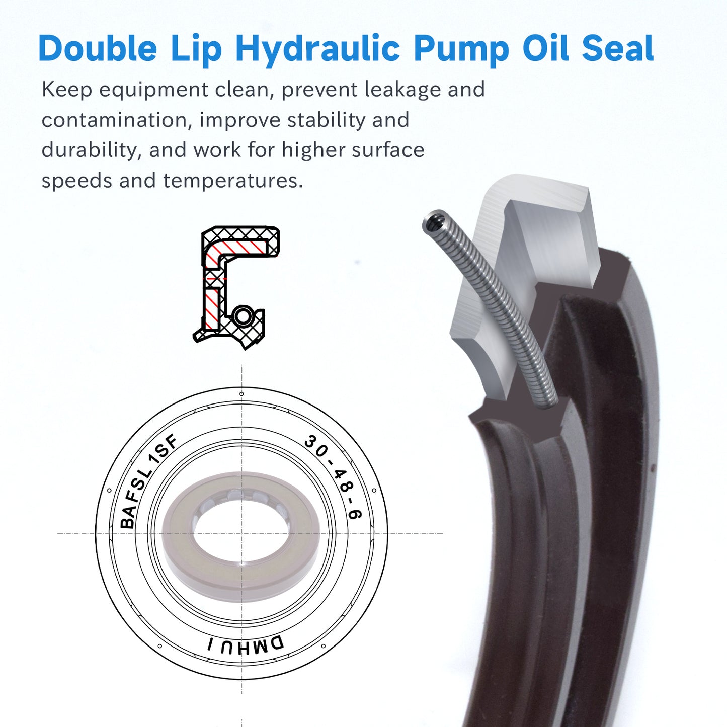 BAFSL1SF Type FKM Hydraulic Pump Metric Oil Seal 30X48X6mm, Radial Shaft Double Lip Oil Seal for Rexroth A10VG16, A10VG18 Pump(One Piece)