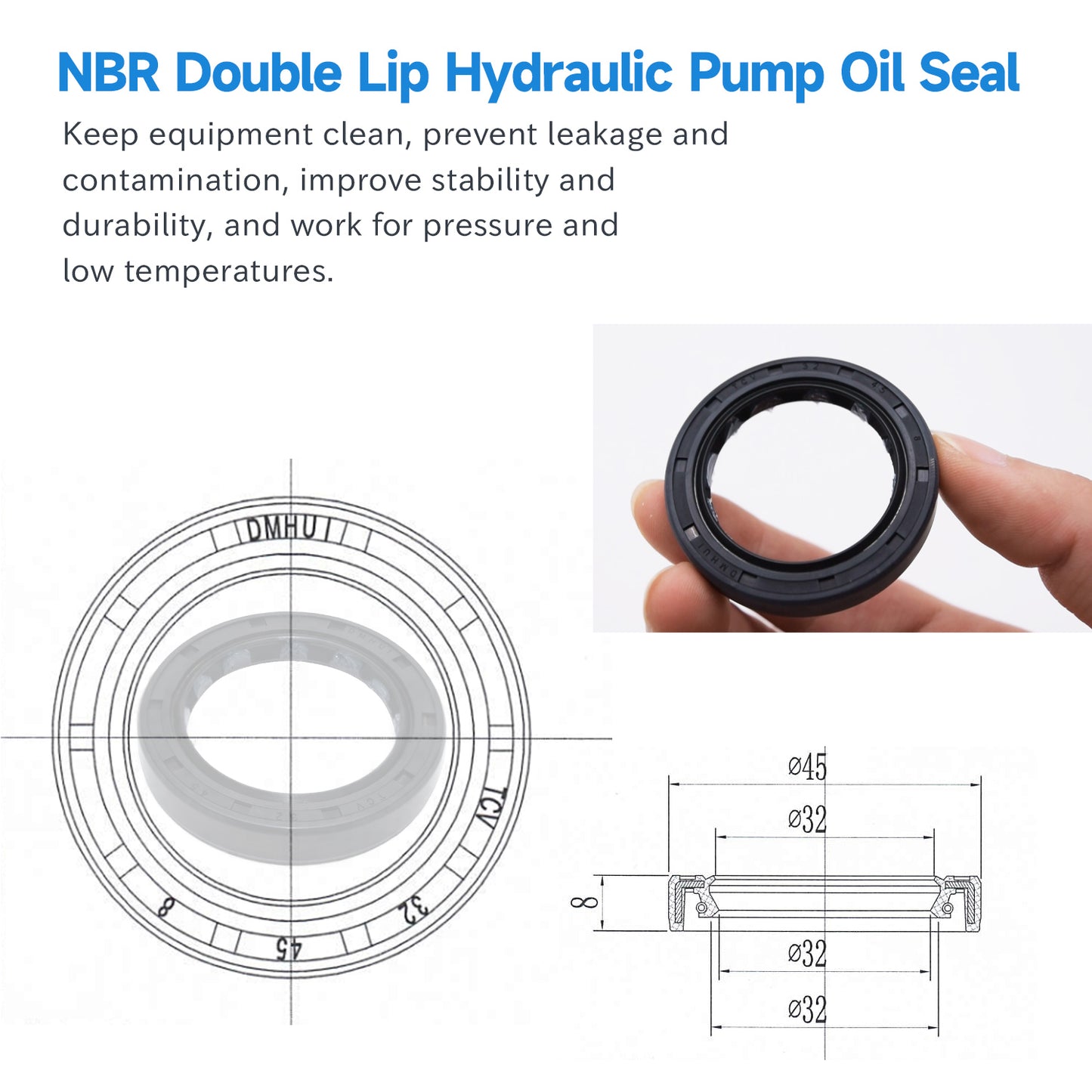 High Pressure Oil Seal 32x45x8mm, TCV Type NBR Radial Shaft Double Lip Seal for Hydraulic Pump Motor
