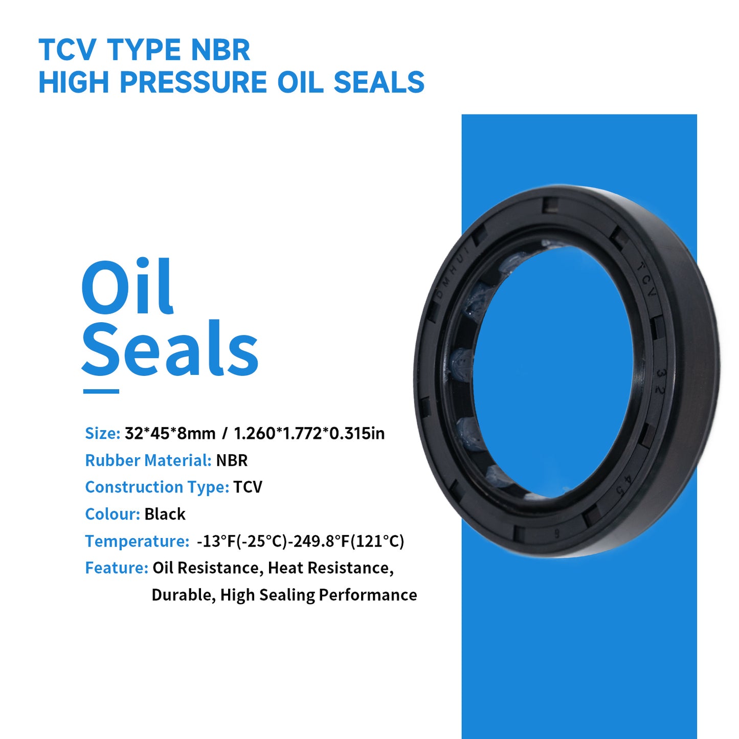 High Pressure Oil Seal 32x45x8mm, TCV Type NBR Radial Shaft Double Lip Seal for Hydraulic Pump Motor