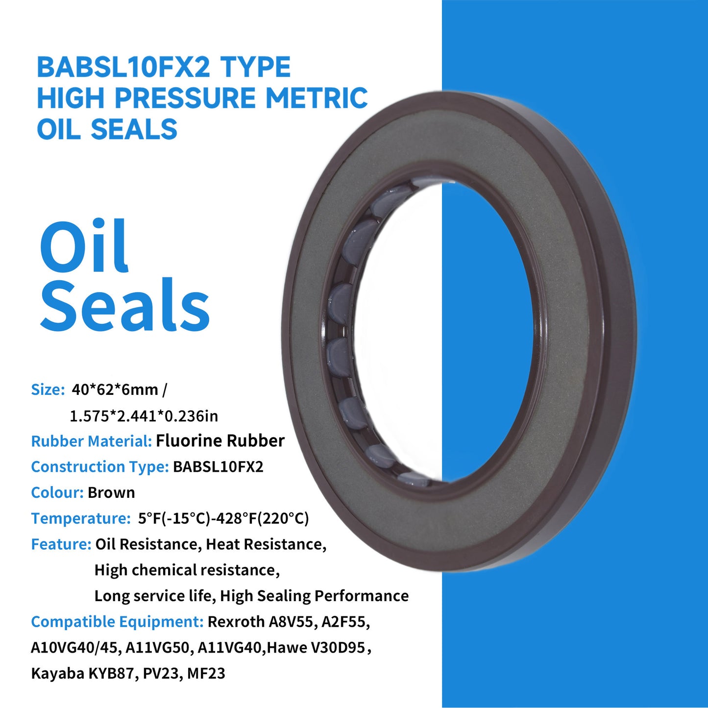 High Pressure Rotary Shaft Oil Seals 40x62x6mm, BABSL10FX2 Type FKM Double Lip Hydraulic Pump Motor Seals for A8V55, V30D95, KYB87 Pump