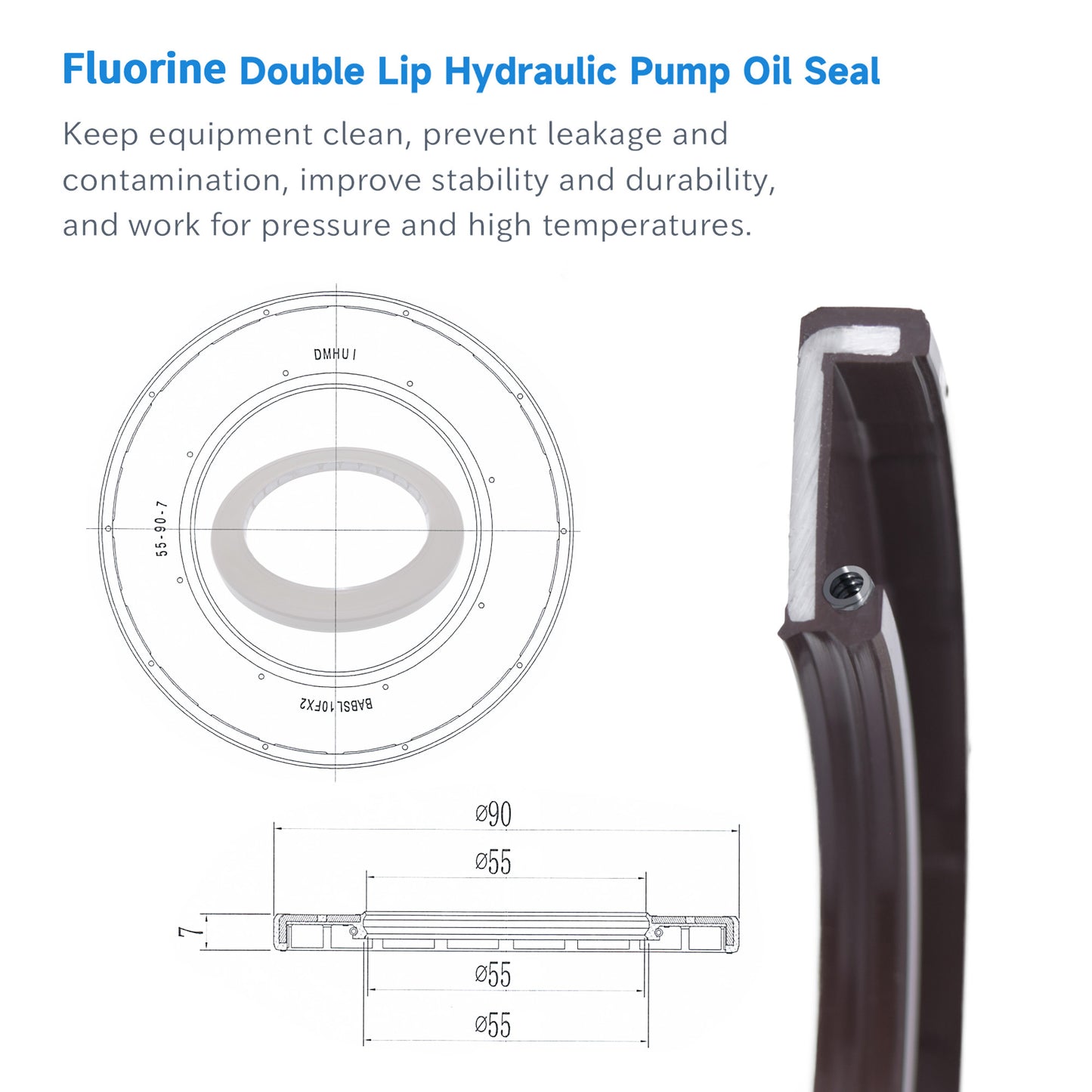 High Pressure Rotary Shaft Oil Seals 55x90x7mm, BABSL10FX2 Type FKM Double Lip Hydraulic Axial Piston Variable Pump Seals for Rexroth A4VG125, A4VG140 Pump