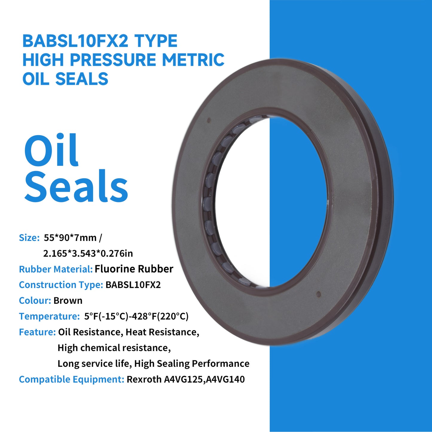 High Pressure Rotary Shaft Oil Seals 55x90x7mm, BABSL10FX2 Type FKM Double Lip Hydraulic Axial Piston Variable Pump Seals for Rexroth A4VG125, A4VG140 Pump