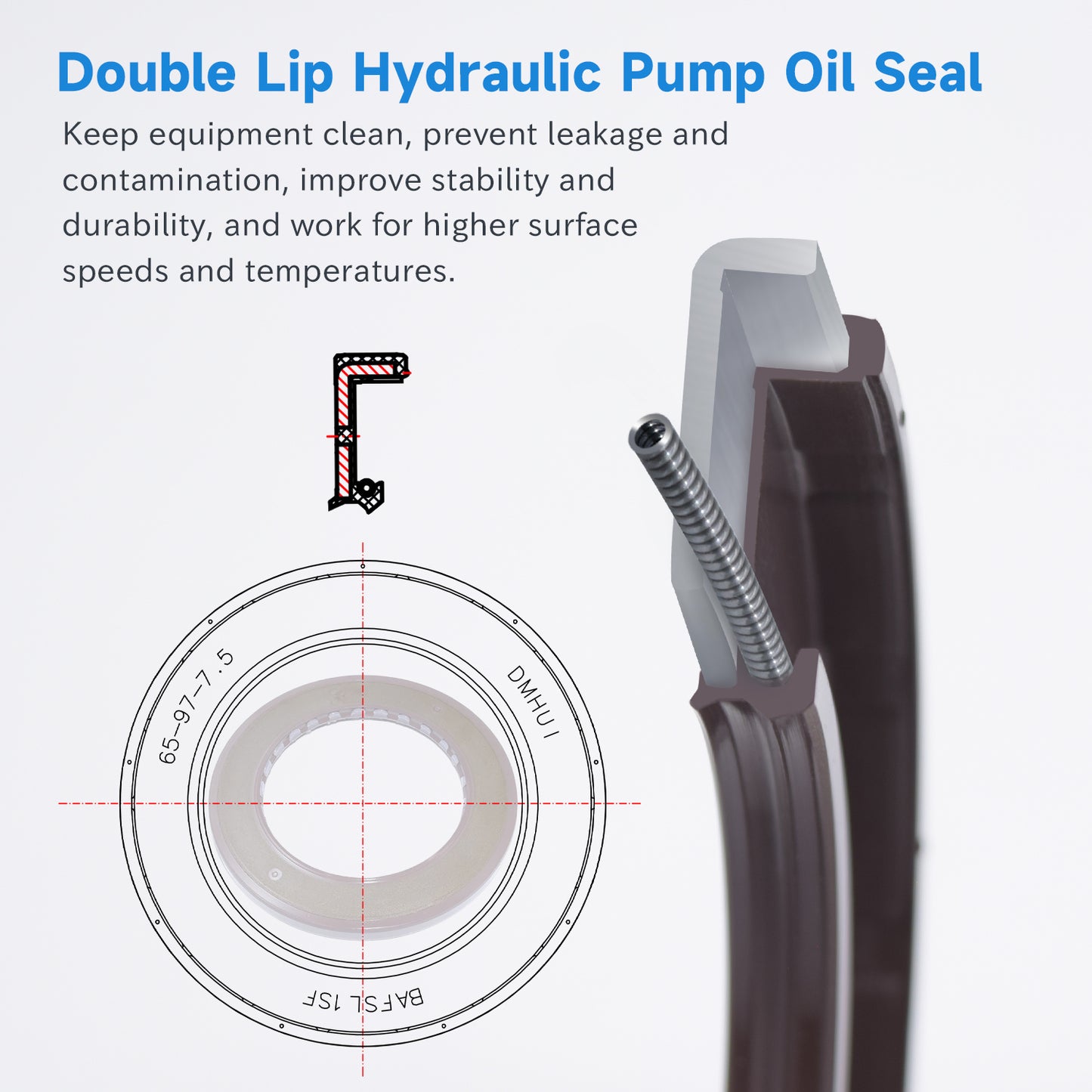 BAFSL1SF Type FKM Hydraulic Pump Metric Oil Seal 65x97x7.5mm, High Pressure Radial Shaft Double Lip Oil Seal for Sauer PV23 Pumps(One Piece)