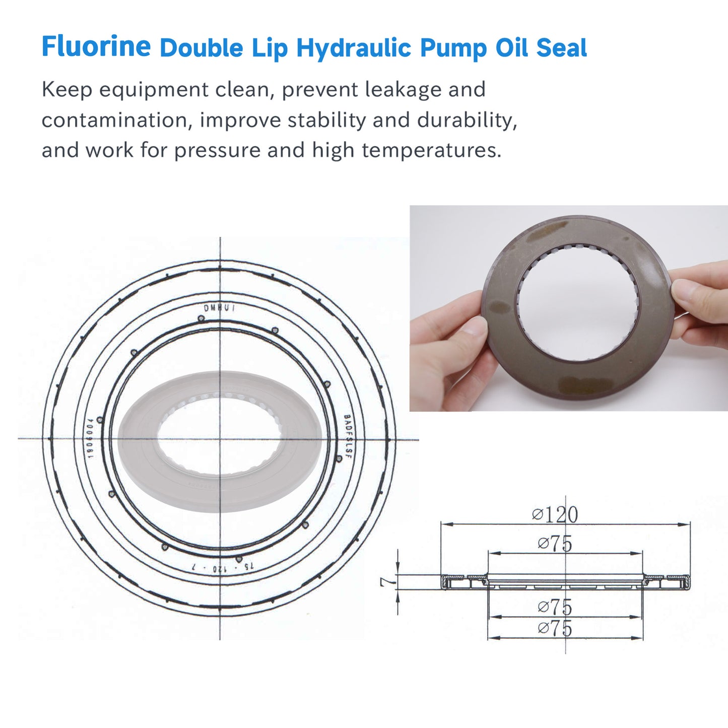 High Pressure Rotary Shaft Oil Seals 75x120x7mm, BABSL10FX2 Type FKM Double Lip Hydraulic Piston Pump Seals for Rexroth A4VG250 Pump