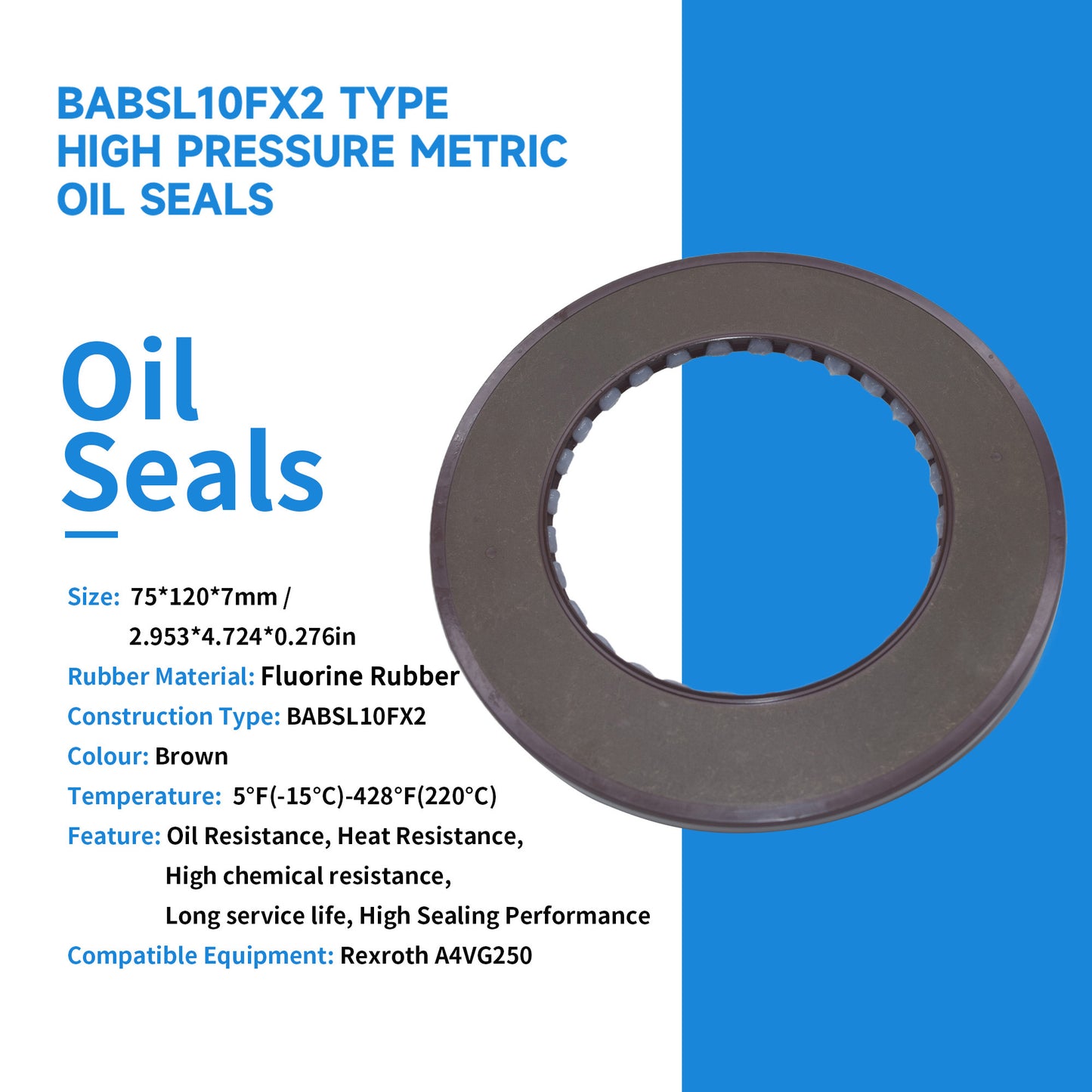 High Pressure Rotary Shaft Oil Seals 75x120x7mm, BABSL10FX2 Type FKM Double Lip Hydraulic Piston Pump Seals for Rexroth A4VG250 Pump