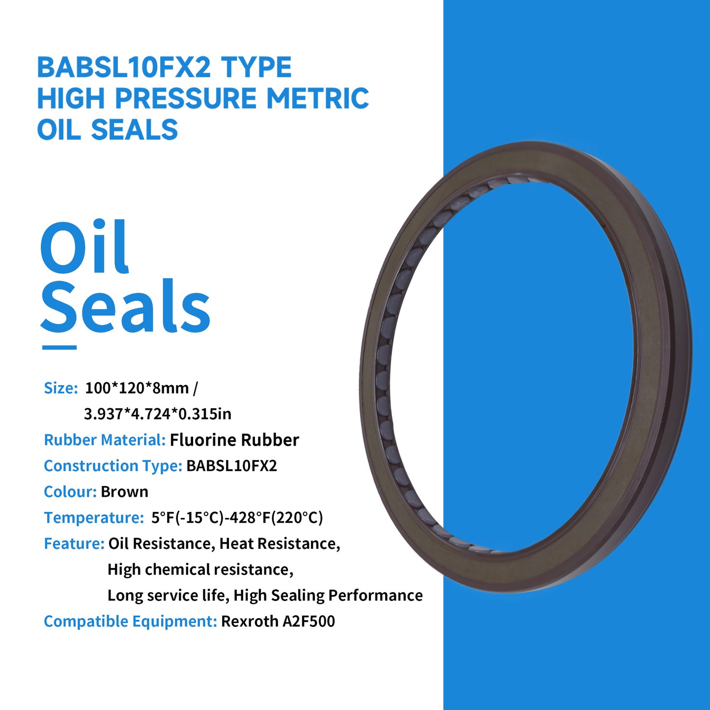 High Pressure Rotary Shaft Oil Seals 100x120x8mm, BABSL10FX2 Type FKM Double Lip Hydraulic Piston Pump Seals for Rexroth A2F500 Pump