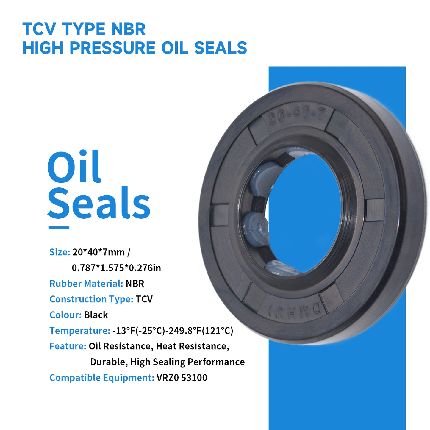 High Pressure VRZ0 53100 Oil Seal 20x40x7mm, TCV Type NBR Rotary Shaft Double Lip Seal for Hydraulic Pump Motor