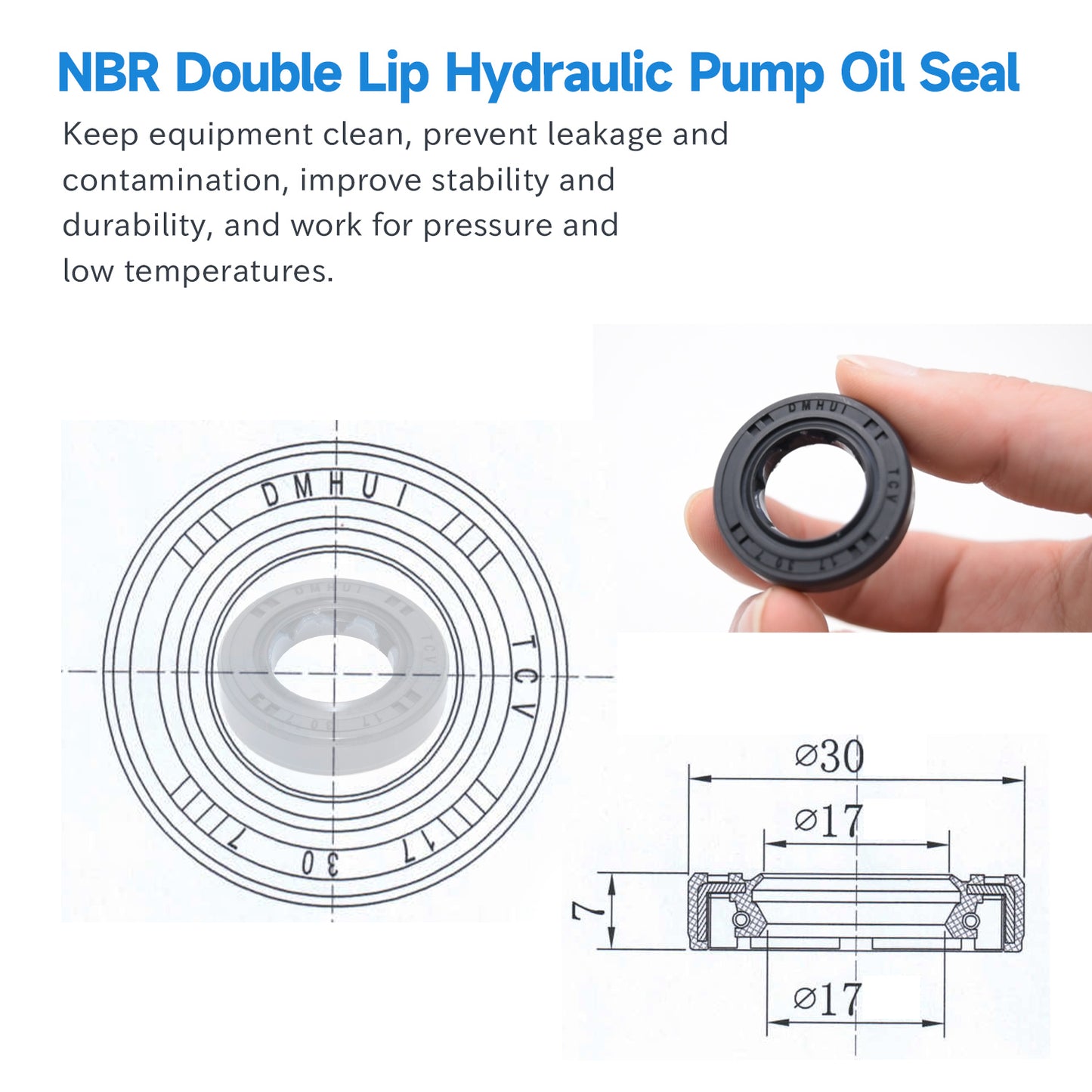 High Pressure Oil Seal 17x30x7mm, TCV Type NBR Rubber Rotary Shaft Double Lip Seal for Hydraulic Pump Motor