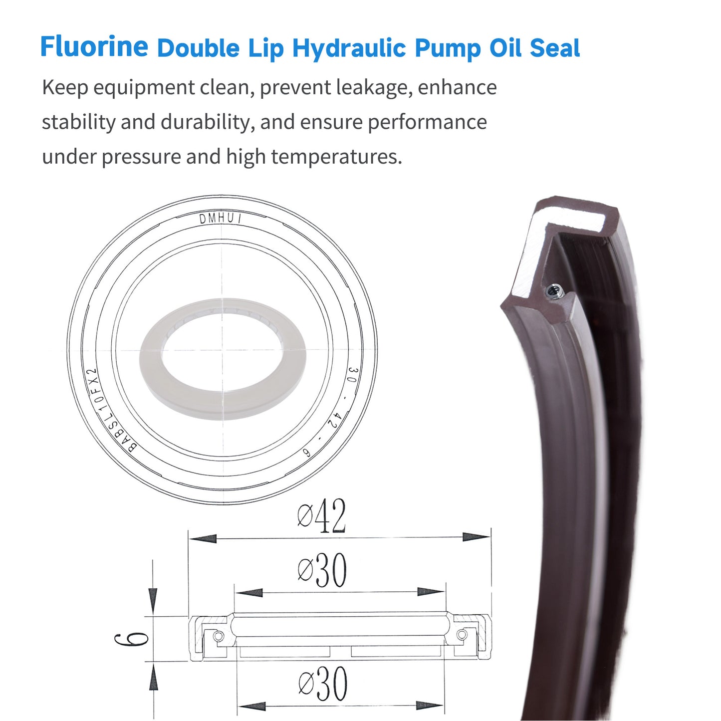 High Pressure Rotary Shaft Oil Seals 30x42x6mm, BABSL10FX2 Type FKM Double Lip Hydraulic Pump Motor Seals