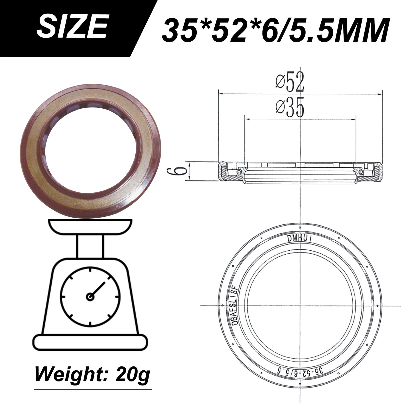 High Pressure Piston Pump Oil Seal 35X52X6/5.5MM, Industrial Rotary Shaft Seal with Spring Metal Skeleton Lip Seal for  A2FM23/28/32/45, A10VSO63/71