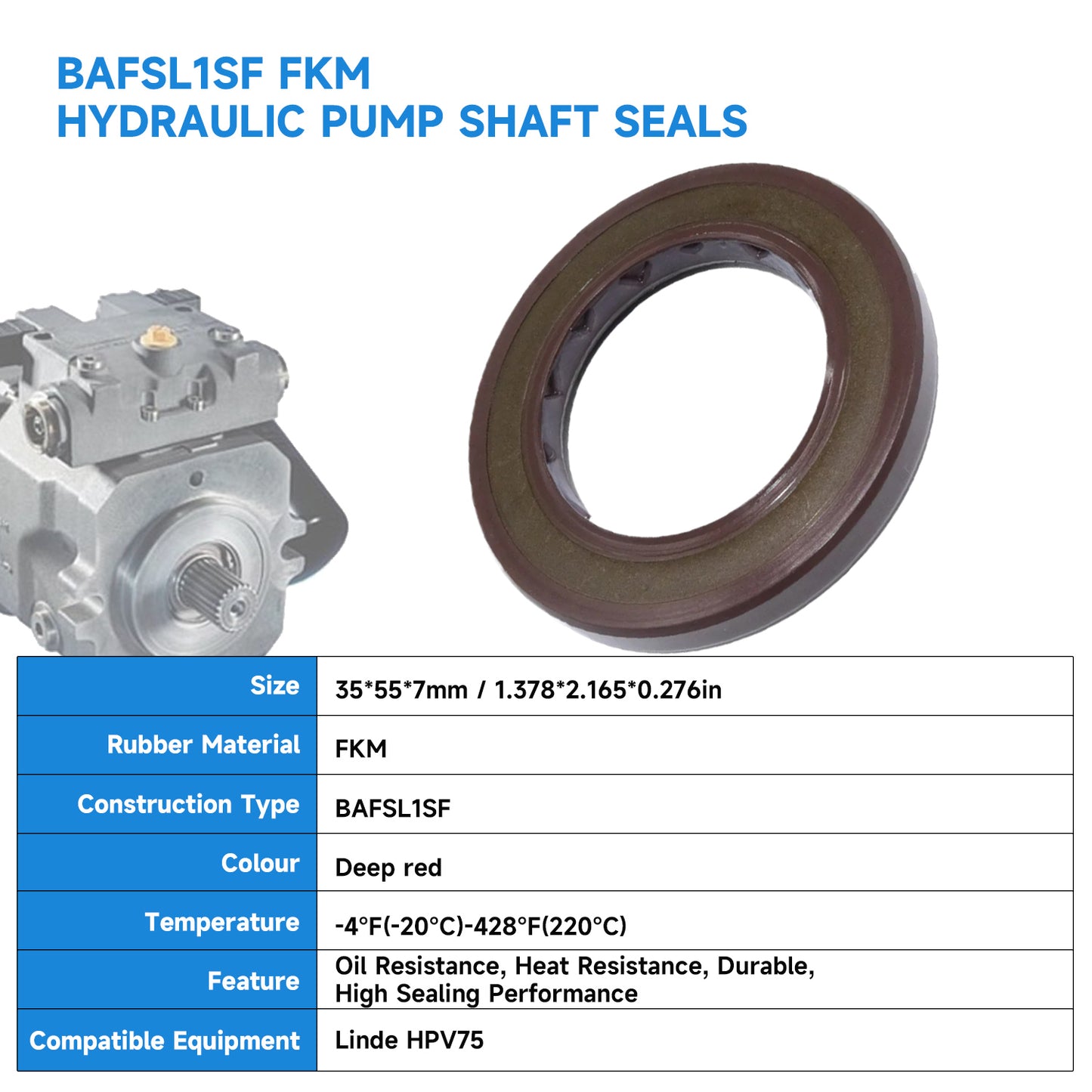 BAFSL1SF Type FKM Hydraulic Pump Metric Oil Seal 35x55x7mm, High Pressure Radial Shaft Double Lip Oil Seal for Linde HPV75 Pumps(One Piece)