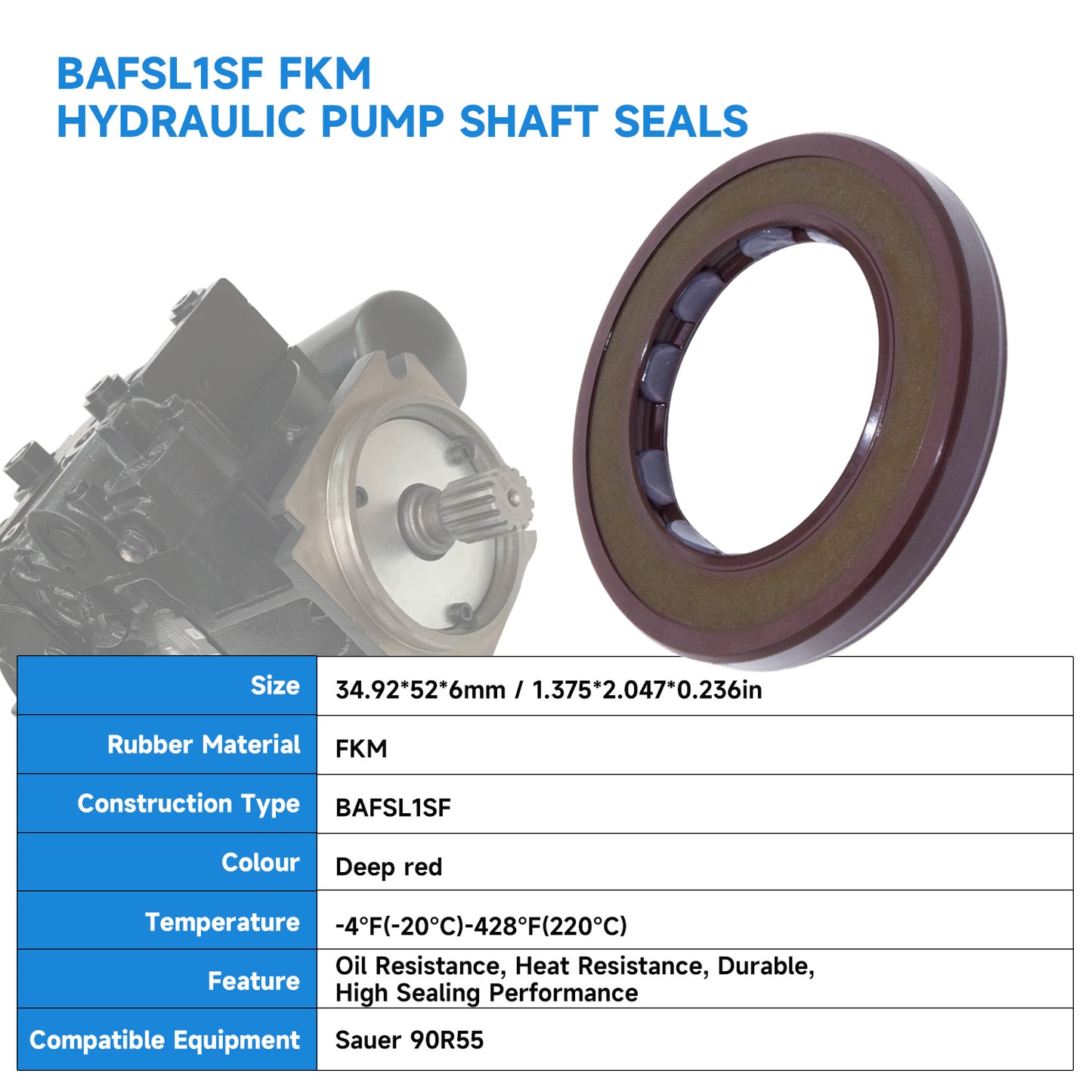 BAFSL1SF Type FKM Hydraulic Pump Metric Oil Seal 34.92X52X6mm, Radial Shaft Double Lip Oil Seal for Sauer 90R55 Motor(One Piece)