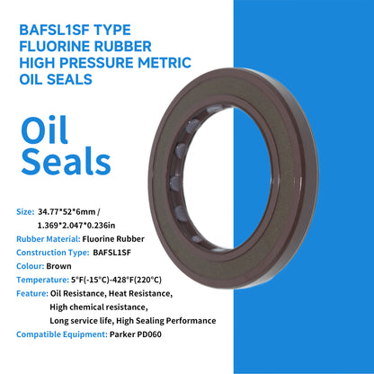 BAFSL1SF Type FKM Hydraulic Pump Metric Oil Seal 34.77x52x6mm, Radial Shaft Double Lip Oil Seal for Parker PD060 Pumps