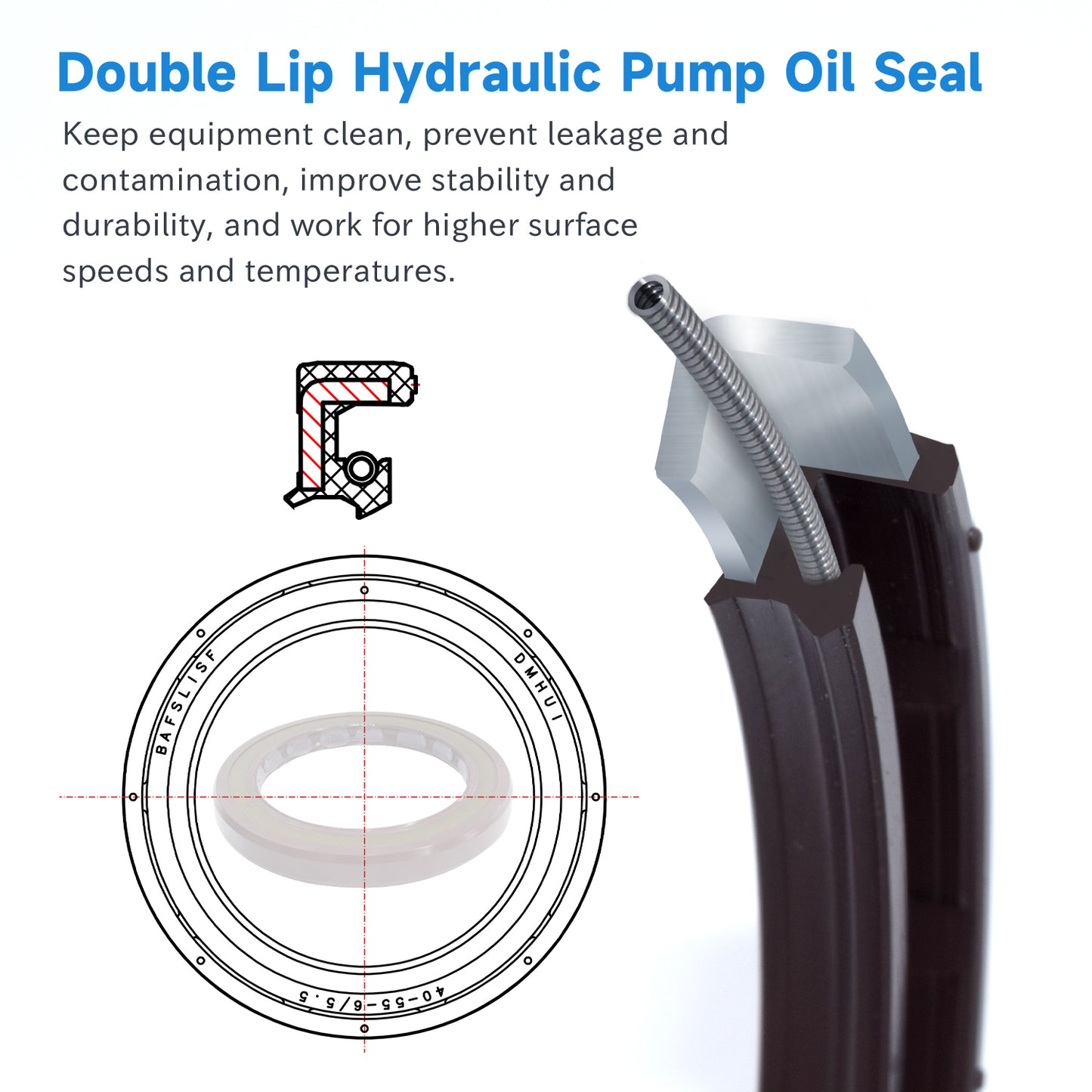 BAFSL1SF Type FKM Hydraulic Pump Metric Oil Seal 40x55x6/5.5mm, High Pressure Radial Shaft Double Lip Oil Seal for A2FO56/63, HPV55(One Piece)