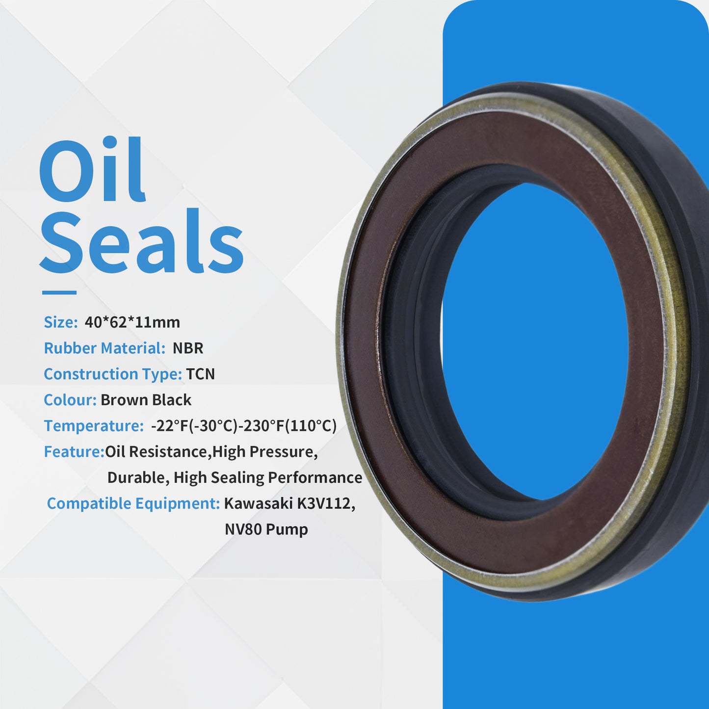 High Pressure Radial Shaft TCN Type Seal 40x62x11mm, Rotary Shaft Hydraulic Pump Excavator NBR Metric AP2388E Oil Seals with Triple Skeletons for Kawasaki K3V112, NV80 Pump