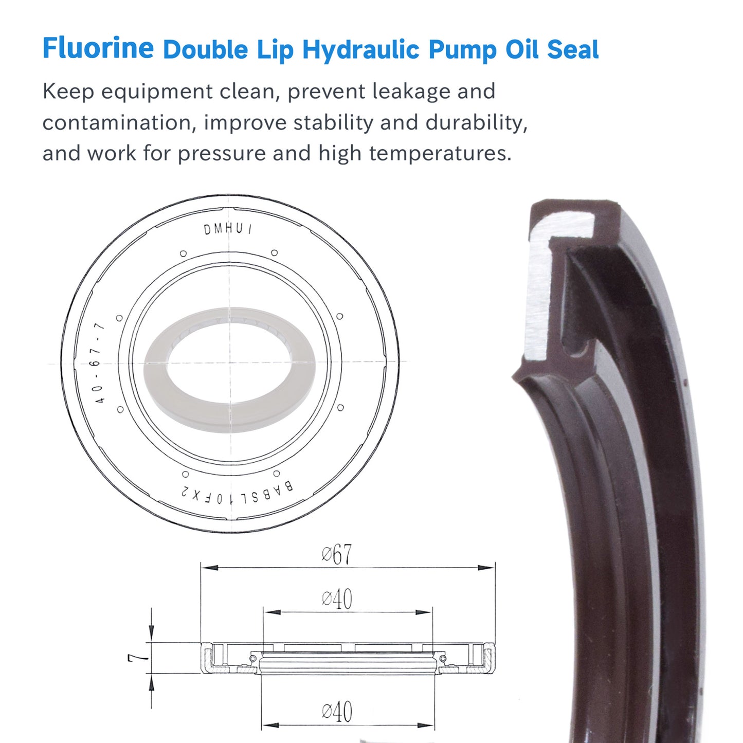 High Pressure Rotary Shaft Oil Seals 40x67x7mm, BABSL10FX2 Type FKM Double Lip Hydraulic Pump Motor Seals for Rexroth A4VG56, A10VG63 Pump