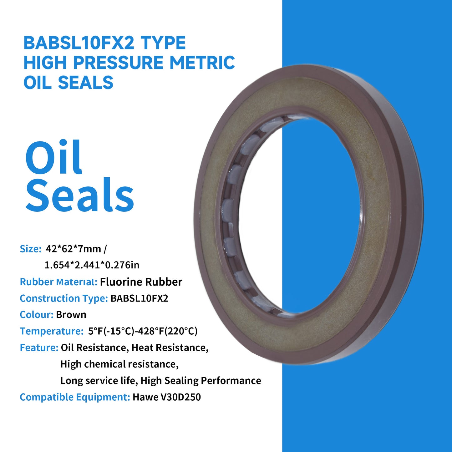 High Pressure Rotary Shaft Oil Seals 42x62x7mm, BABSL10FX2 Type FKM Double Lip Hydraulic Pump Motor Seals for Hawe V30D250 Pump