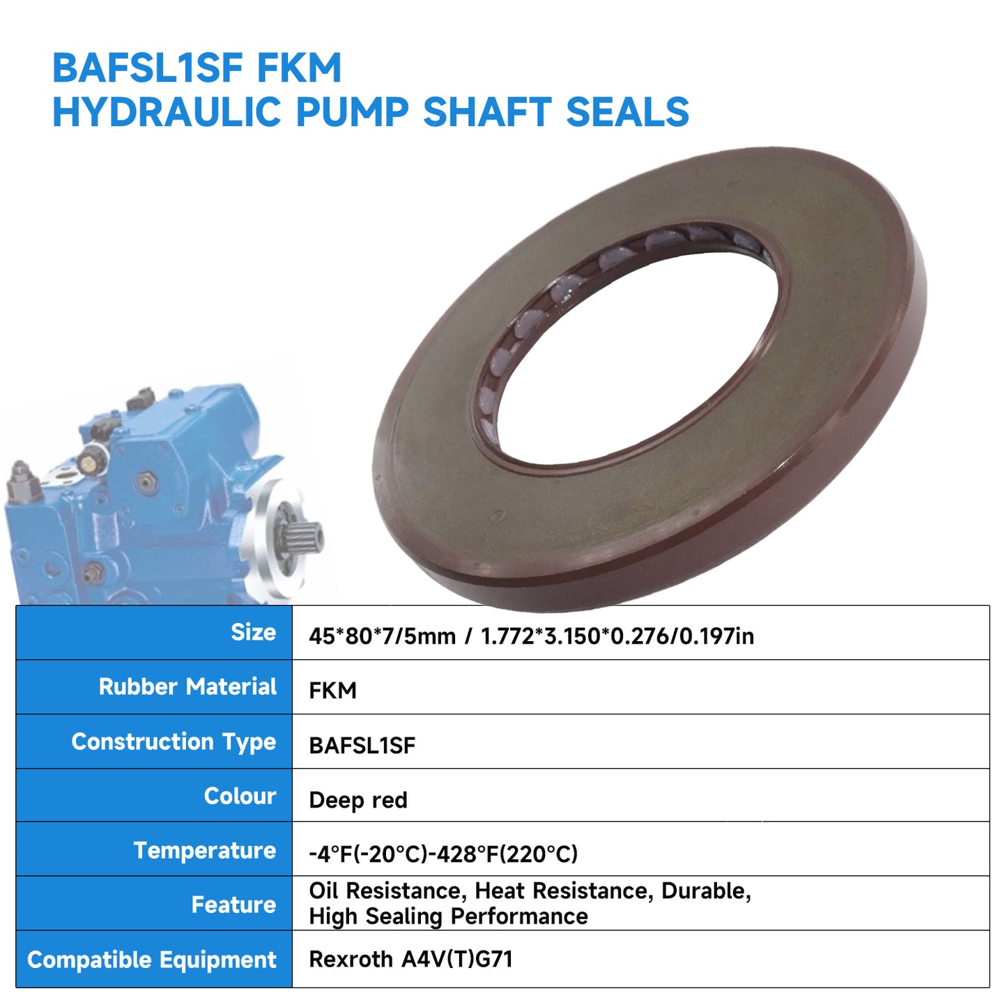 BAFSL1SF Type FKM Hydraulic Pump Metric Oil Seal 45X80X7/5mm, High Pressure Radial Shaft Double Lip Oil Seal for Rexroth A4V(T) G71 Pumps(One Piece)