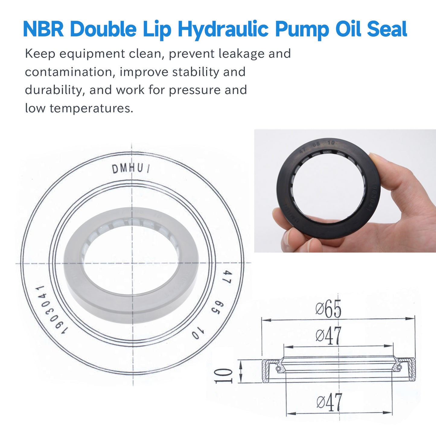 High Pressure Oil Seal 47x65x10mm, TCV Type NBR Radial Shaft Double Lip Seal for Hydraulic Pump Motor