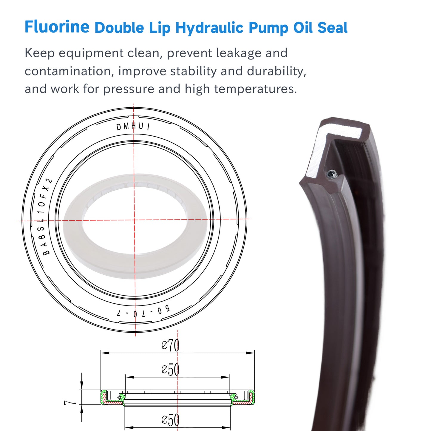 High Pressure Rotary Shaft Oil Seals 50x70x7mm, BABSL10FX2 Type FKM Double Lip Hydraulic Pump Motor Seals