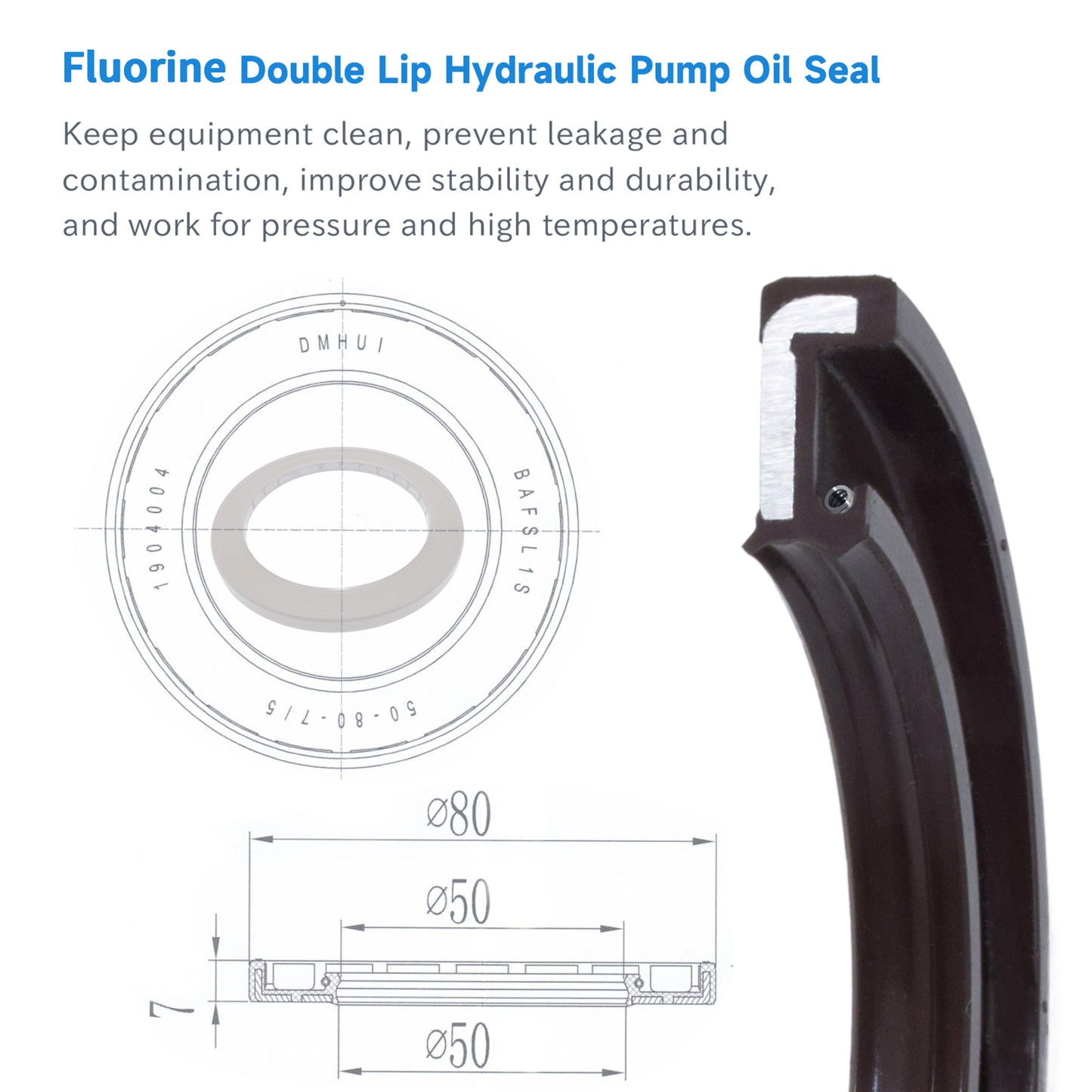 High Pressure Rotary Shaft Oil Seals 50x80x7/5mm, BABSL10FX2 Type FKM Double Lip Hydraulic Axial Piston Pump Seals for Rexroth A4V(T) G90, A4VG105 Pump