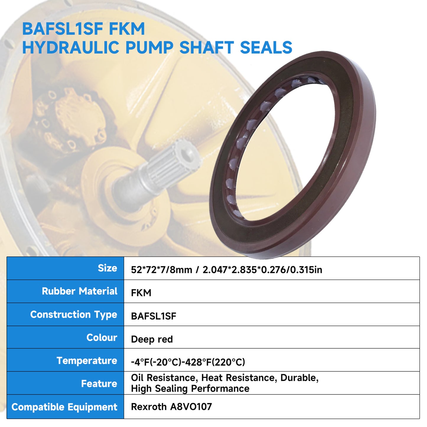 BAFSL1SF Type FKM Hydraulic Pump Metric Oil Seal 52x72x7/8mm, High Pressure Radial Shaft Double Lip Oil Seal for Rexroth A8VO107 Pumps(One Piece)