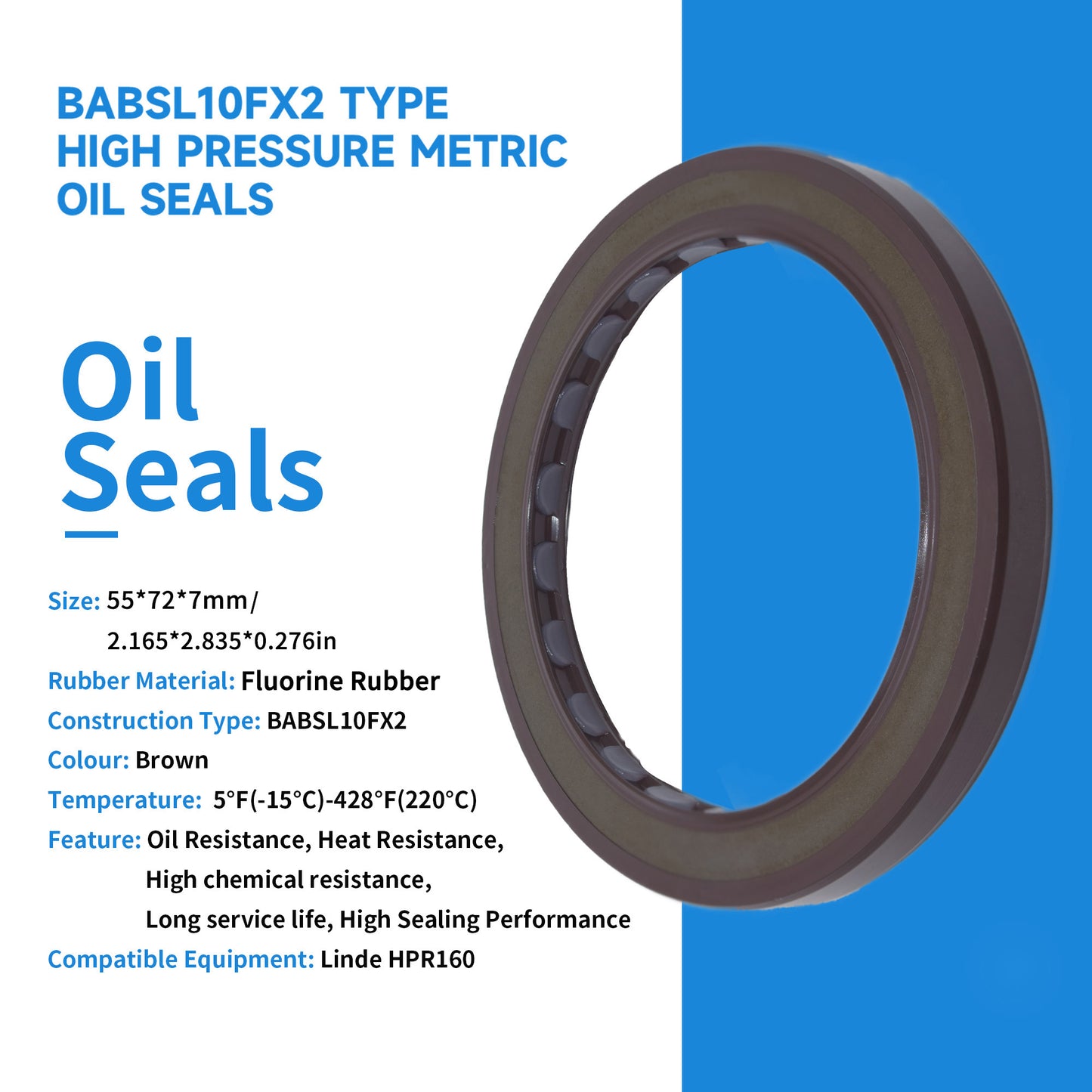 High Pressure Rotary Shaft Oil Seals 55x72x7mm, BABSL10FX2 Type FKM Double Lip Hydraulic Pump Motor Seals for Linde HPR160 Pump