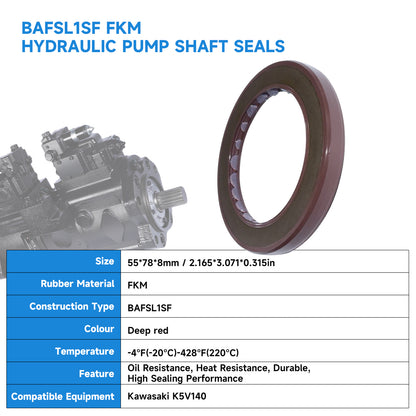 BAFSL1SF Type FKM Hydraulic Pump Metric Oil Seal 55X78X8mm, Radial Shaft Double Lip Oil Seal for Kawasaki K5V140 Pump(One Piece)