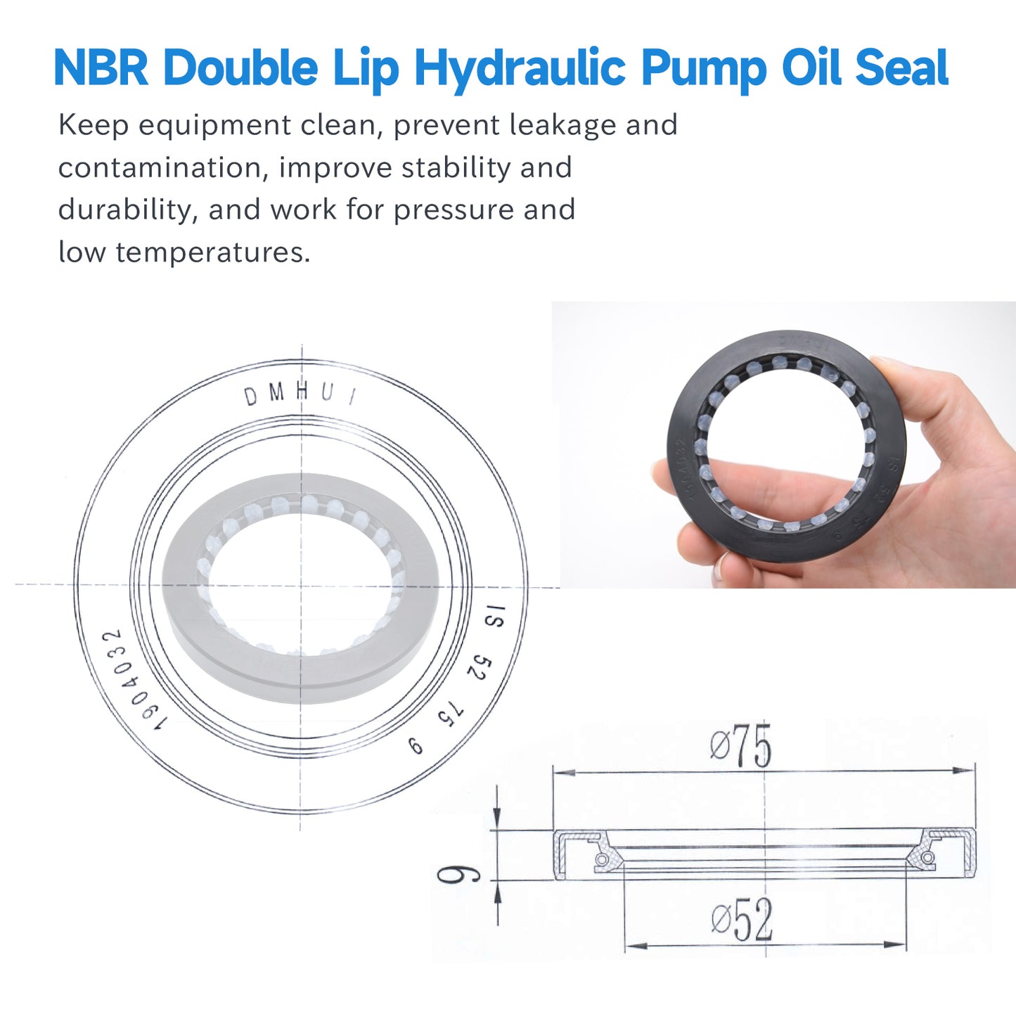 High Pressure NBR Oil Seal 52x75x9mm, TCV Type Rotary Shaft Double Lip Seal for Hydraulic Pump Motor