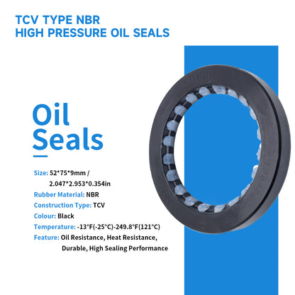 High Pressure NBR Oil Seal 52x75x9mm, TCV Type Rotary Shaft Double Lip Seal for Hydraulic Pump Motor