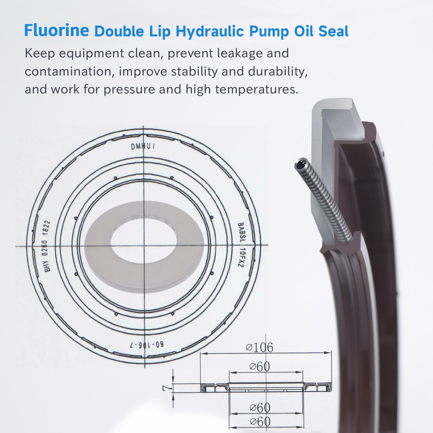 High Pressure Rotary Shaft Oil Seals 60x106x7mm, BABSL10FX2 Type FKM Double Lip Hydraulic Axial Piston Pump Seals for Rexroth A4VG180 Pump