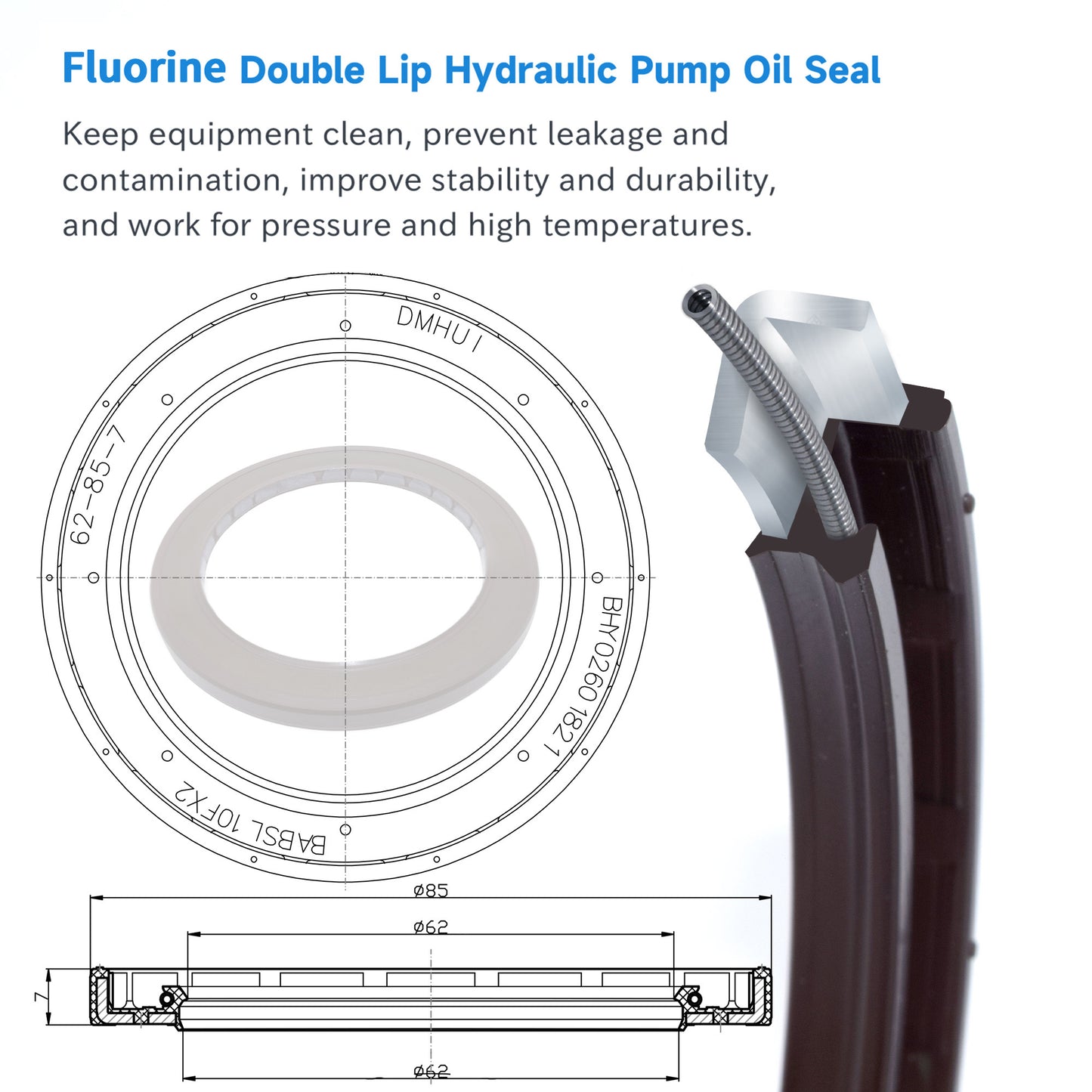 High Pressure Rotary Shaft Oil Seals 62x85x7mm, BABSL10FX2 Type FKM Double Lip Hydraulic Pump Motor Seals for Rexroth A8V172, A8V200, A2F160 Pump