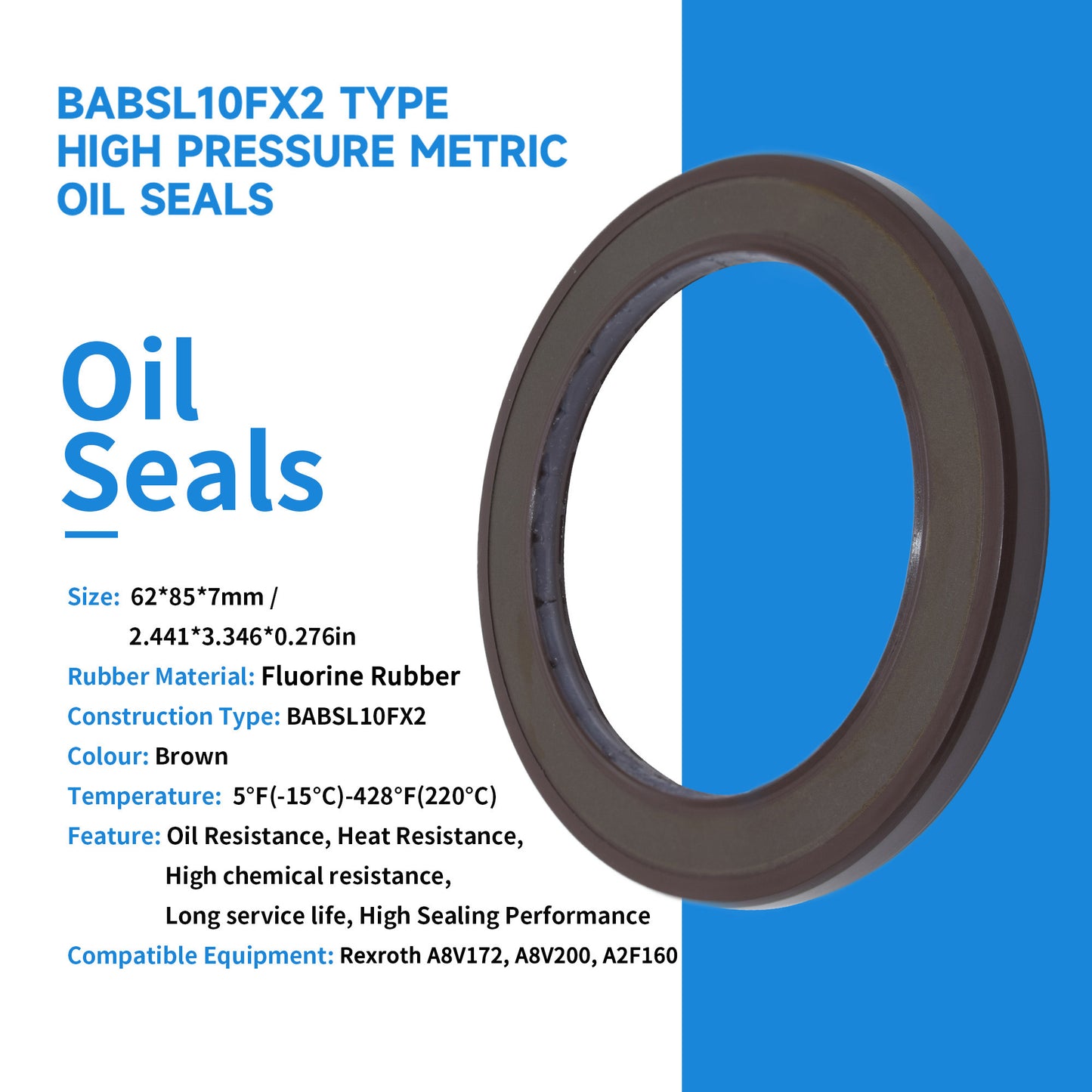 High Pressure Rotary Shaft Oil Seals 62x85x7mm, BABSL10FX2 Type FKM Double Lip Hydraulic Pump Motor Seals for Rexroth A8V172, A8V200, A2F160 Pump