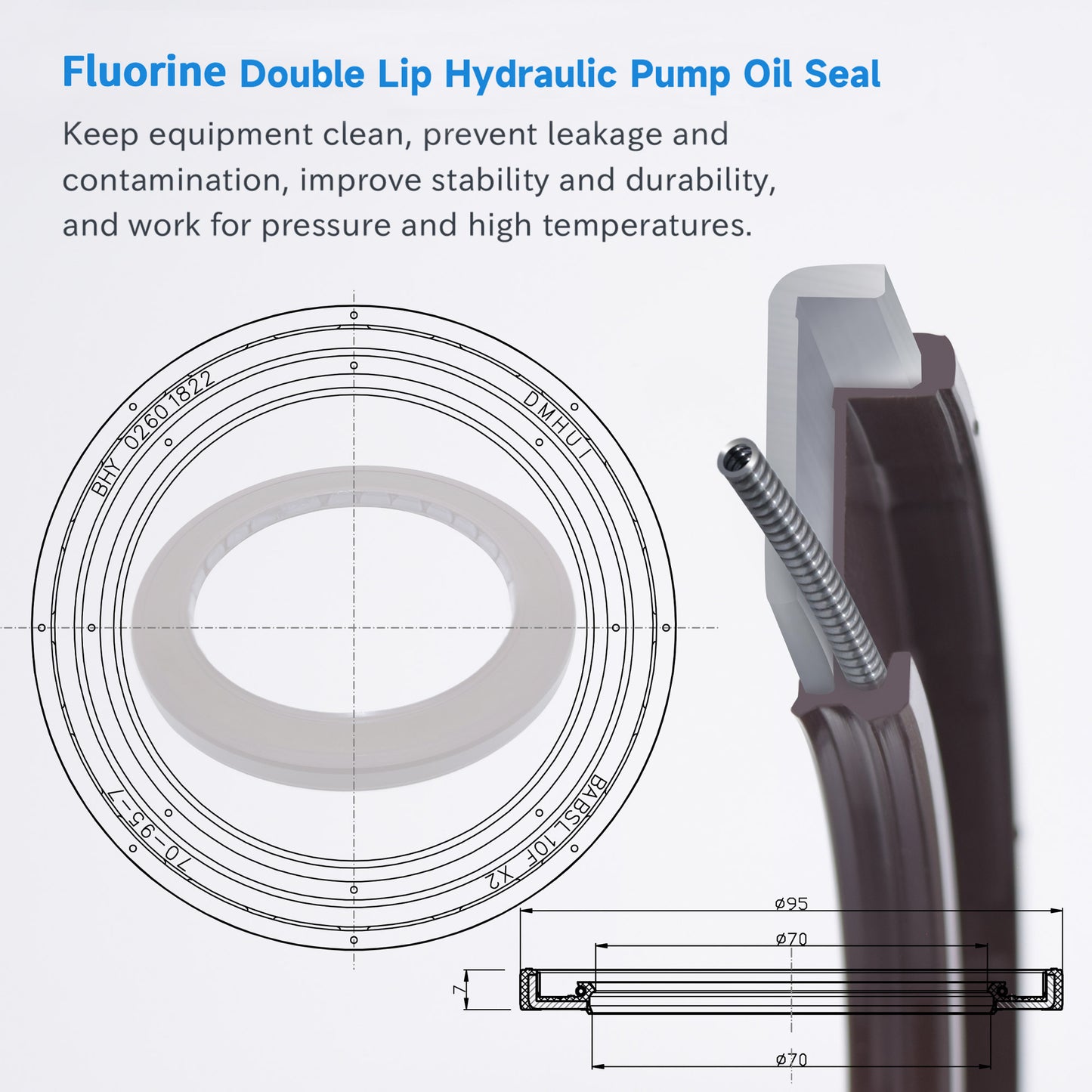 High Pressure Rotary Shaft Oil Seals 70x95x7mm, BABSL10FX2 Type FKM Double Lip Hydraulic Pump Motor Seals