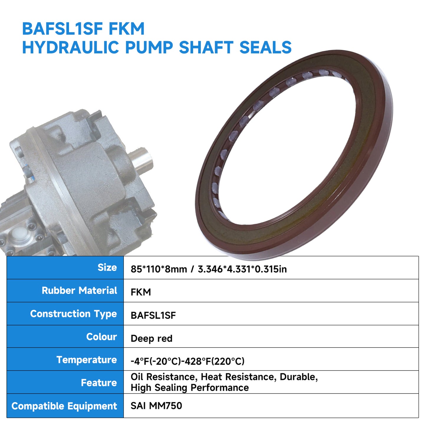 BAFSL1SF Type FKM Hydraulic Pump Metric Oil Seal 85x110x8mm, High Pressure Radial Shaft Double Lip Oil Seal for SAI MM750 Motor(One Piece)